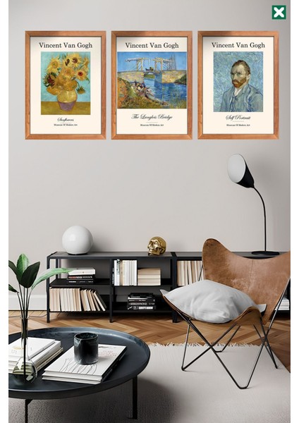 Ünlü Ressam Vincent Van Gogh 3' Lü Set, Çerçeve Görünümlü Modern Mdf Tablo