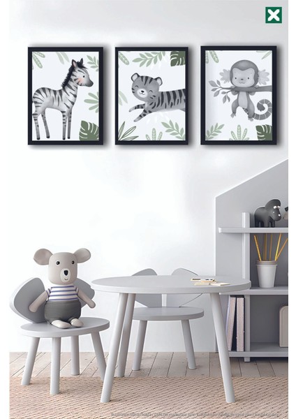 Sevimli Hayvanlar 3'lü Çerçeve Görünümlü Modern Mdf Tablo Seti -Bebek ve Çocuk Odası Dekoru