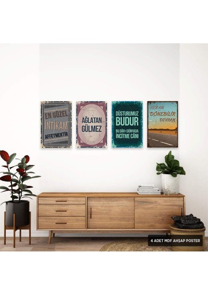 Türkçe Sözler Retro Mdf Ahşap Poster Set (4 Adet - 20X30CM)