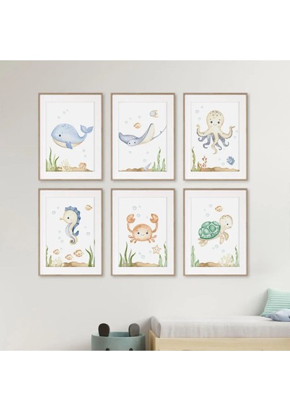 Sevimli Deniz Hayvanları 6’lı Çerçeve Görünümlü Modern Mdf Tablo Seti –bebek ve Çocuk Odası Dekoru