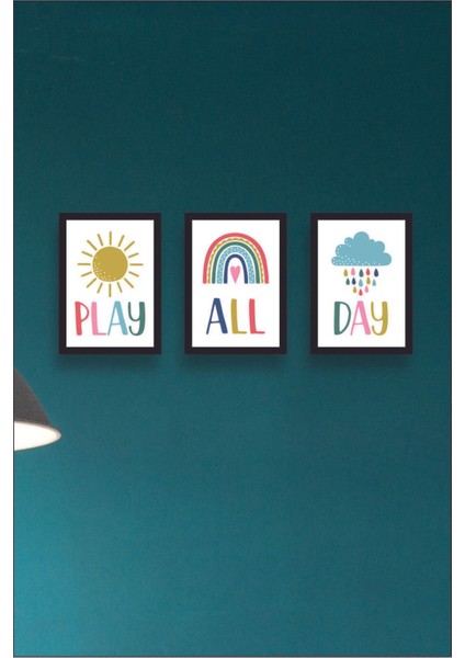 3'lü Çocuk Odası Çerçeve Görünümlü Play All Day Tablo