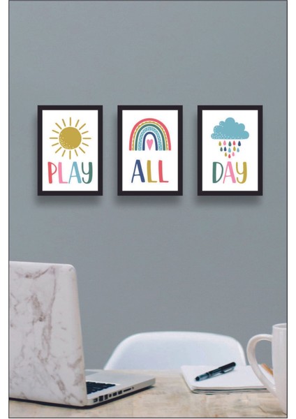 3'lü Çocuk Odası Çerçeve Görünümlü Play All Day Tablo