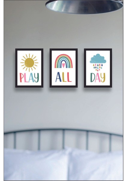 3'lü Çocuk Odası Çerçeve Görünümlü Play All Day Tablo