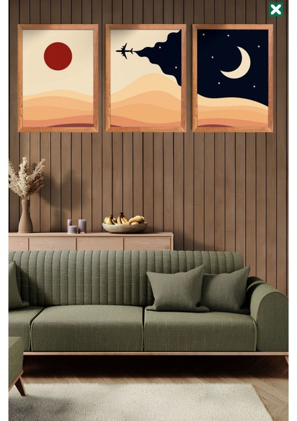 Boho Duvar Sanatı 3'lü Set, Çerçeve Görünümlü Modern Mdf Tablo
