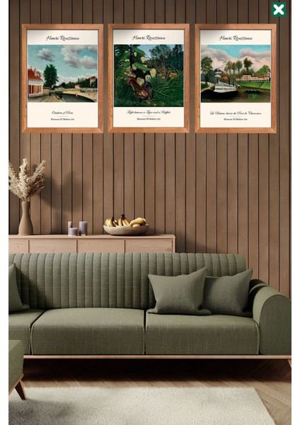 Ünlü Ressam Henri Rousseau 3' Lü Set, Çerçeve Görünümlü Modern Mdf Tablo