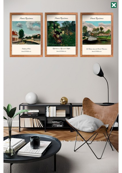 Ünlü Ressam Henri Rousseau 3' Lü Set, Çerçeve Görünümlü Modern Mdf Tablo