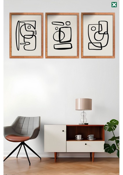 Bohem Çizgisel 3'lü Set, Çerçeve Görünümlü Modern Mdf Tablo