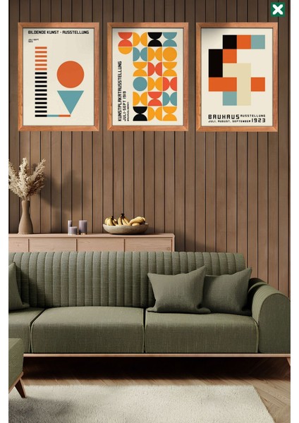 Bauhaus Sanatı 3'lü Set, Çerçeve Görünümlü Modern Mdf Tablo