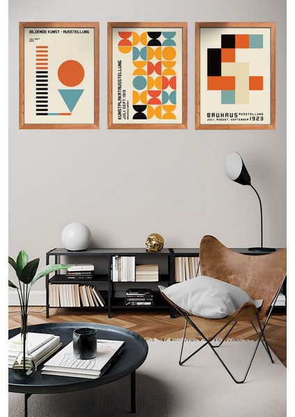 Bauhaus Sanatı 3'lü Set, Çerçeve Görünümlü Modern Mdf Tablo