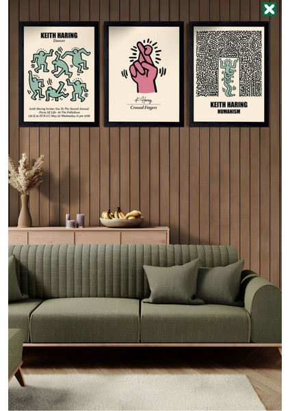 Keith Haring Dekorize 3'lü Set, Çerçeve Görünümlü Modern Mdf Tablo