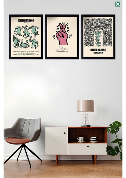 Keith Haring Dekorize 3'lü Set, Çerçeve Görünümlü Modern Mdf Tablo