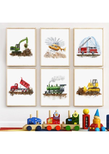 Çocukların Favori Araçları Sanat Koleksiyonu,6’lı Çerçeve Görünümlü Mdf Tablo Seti Bebek ve Çocuk Od