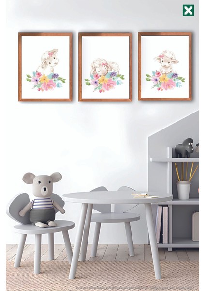 Sevimli Çiçek Desenli Kuzular 3’lü Çerçeve Görünümlü Modern Mdf Tablo Seti – Bebek ve Çocuk Odası De