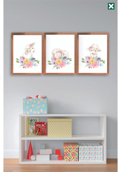 Sevimli Çiçek Desenli Kuzular 3’lü Çerçeve Görünümlü Modern Mdf Tablo Seti – Bebek ve Çocuk Odası De