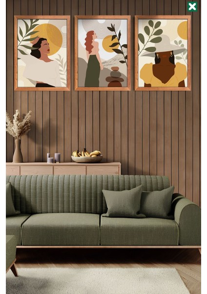 Bohem Duvar Dekoru 3'lü Set, Çerçeve Görünümlü Modern Mdf Tablo