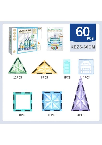 Starshine 60 Parçalı Premium Manyetik Oyuncak/bloklar Seti (Simli, Renkli Bloklarla) (KBZS-60GM)