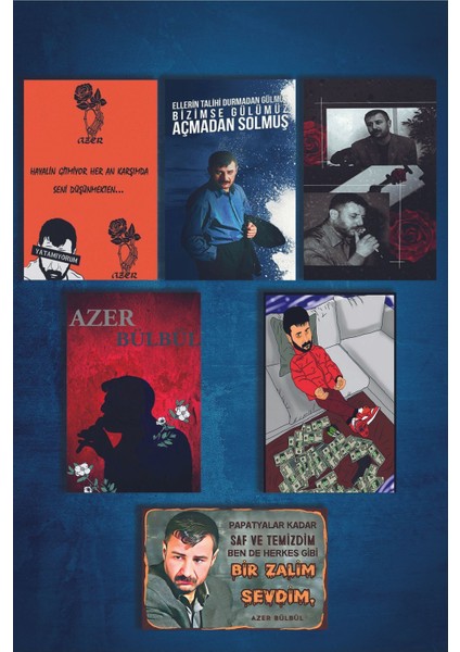 Azer Bülbül Retro Ahşap Poster 6 Adet (15X20)