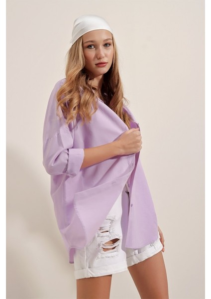 3900 Oversize Uzun Basic Gömlek - Lila