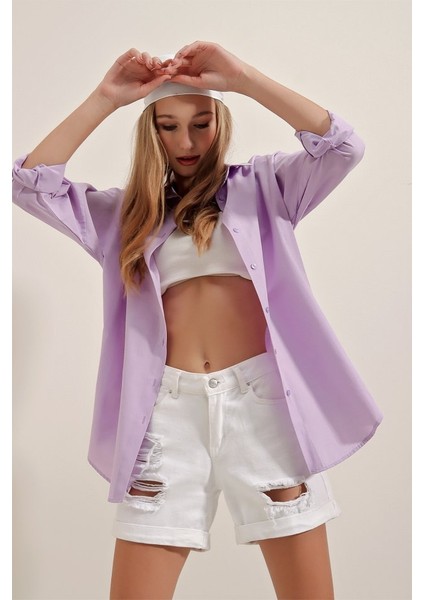 3900 Oversize Uzun Basic Gömlek - Lila
