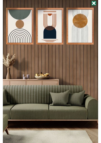 Geometric Boho Duvar Sanatı 3'lü Set Çerçeve Görünümlü Modern Mdf Tablo