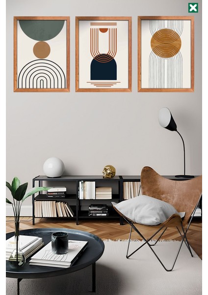 Geometric Boho Duvar Sanatı 3'lü Set Çerçeve Görünümlü Modern Mdf Tablo