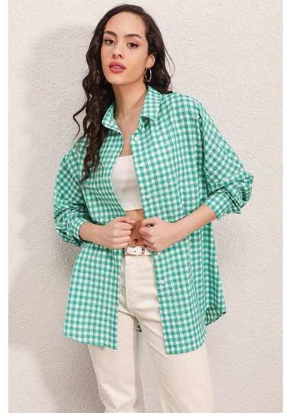 3900 Oversize Kareli Gömlek - Y.yeşil