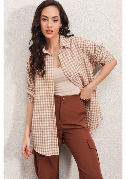 3900 Oversize Kareli Gömlek - Y.bej