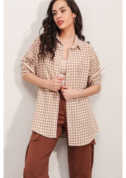 3900 Oversize Kareli Gömlek - Y.bej