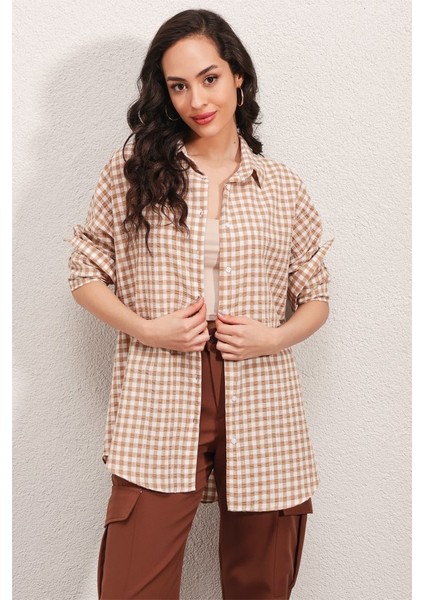 3900 Oversize Kareli Gömlek - Y.bej