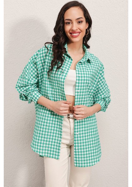 3900 Oversize Kareli Gömlek - Y.yeşil