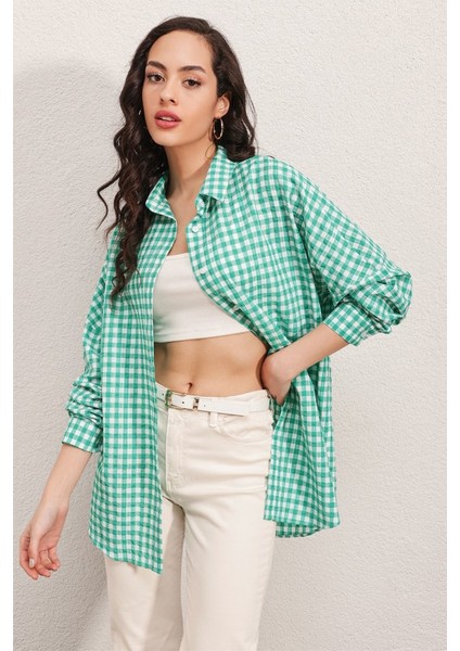 3900 Oversize Kareli Gömlek - Y.yeşil