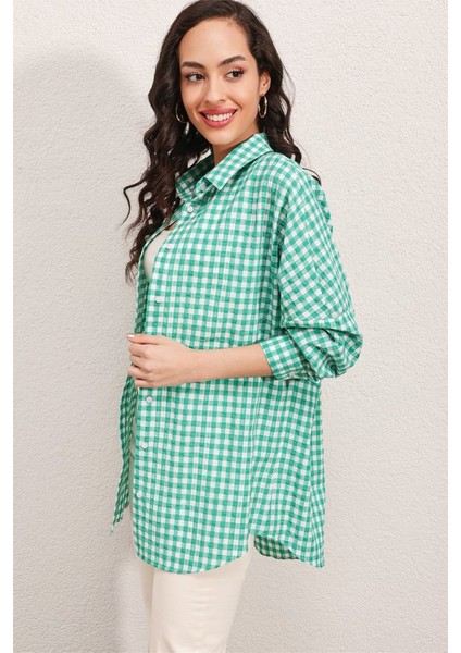 3900 Oversize Kareli Gömlek - Y.yeşil