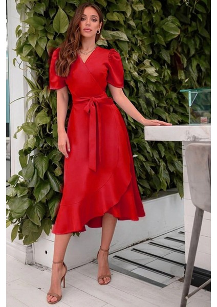 Munn Collection Kadın Kruvaze Yaka Midi Boy Kuşaklı Krep Elbise 120 cm fırsatları