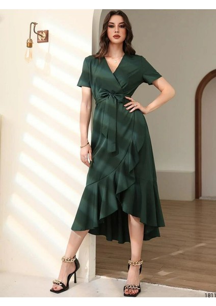 Munn Collection Kadın Kruvaze Yaka Midi Boy Kuşaklı Krep Elbise 120 cm modelleri