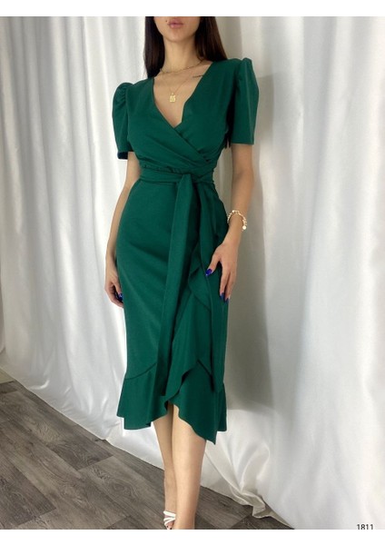 Munn Collection Kadın Kruvaze Yaka Midi Boy Kuşaklı Krep Elbise 120 cm fırsatları