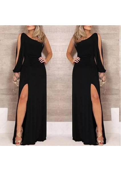 Munn Collection Tek Omuz Açık Derin Yırtmaçlı Krep Tam Boy Elbise