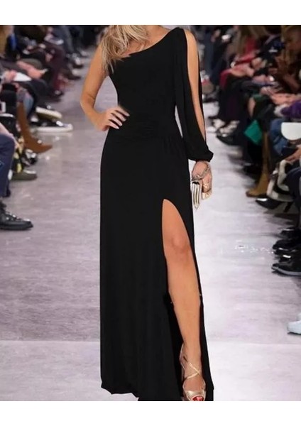 Munn Collection Tek Omuz Açık Derin Yırtmaçlı Krep Tam Boy Elbise modelleri