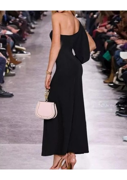 Munn Collection Tek Omuz Açık Derin Yırtmaçlı Krep Tam Boy Elbise fırsatları