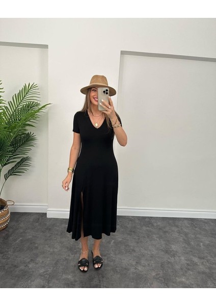 Munn Collection Kadın Kısa Kollu V Yaka Maxi Boy Elbise 124 cm
