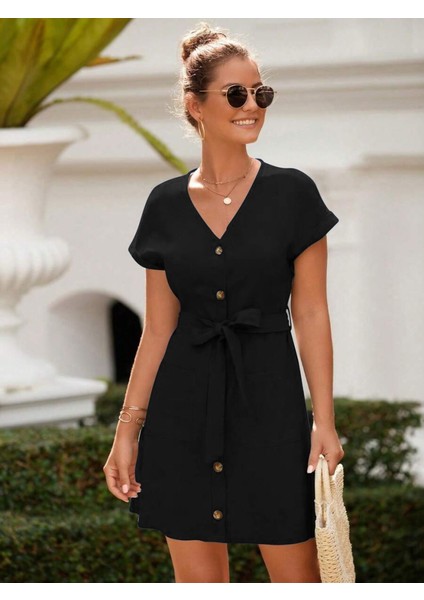 Munn Collection Kadın Kısa Kollu V Yakalı Önden Düğmeli Belden Kuşaklı Cepli Sofya Elbise fırsatları
