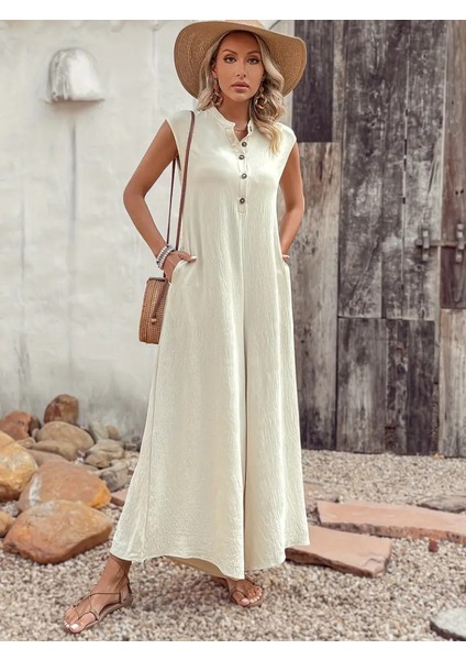 Munn Collection Kadın Kısa Kollu Önden Düğmeli Paçaya Doğru Geniş Cepli Uzun Bürümcük Tulum modelleri
