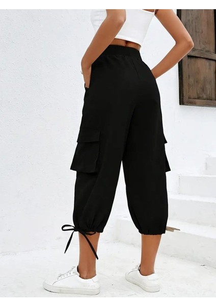 Munn Collection Kadın Yüksek Bel Beli Lastikli Bağcıklı Cepli Kargo Viskon Iki Iplik Pantolon fiyatları