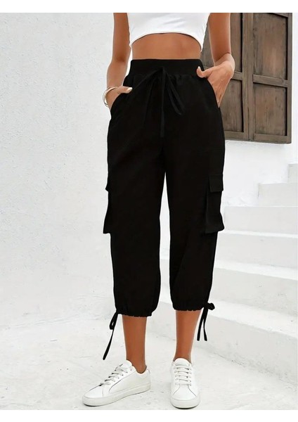 Munn Collection Kadın Yüksek Bel Beli Lastikli Bağcıklı Cepli Kargo Viskon Iki Iplik Pantolon fırsatları