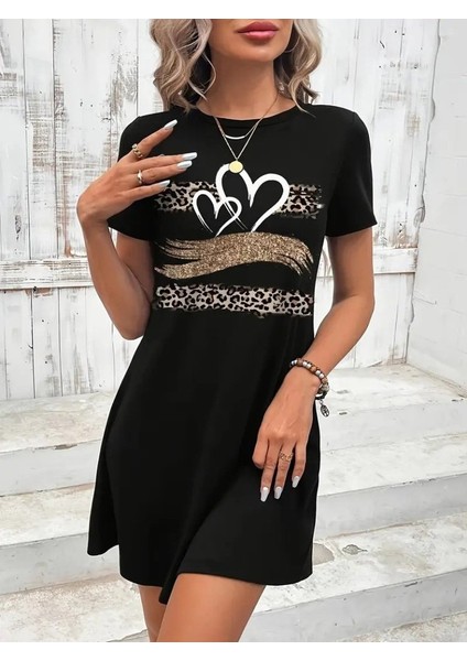 Munn Collection Kadın Kısa Kollu Bisiklet Yaka Desenli Viskon Elbise modelleri