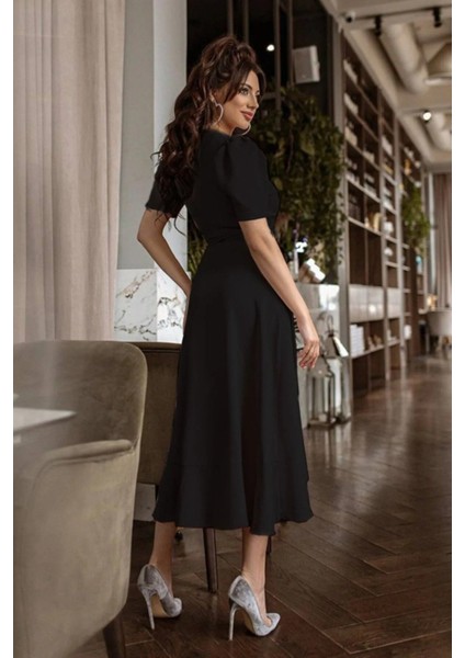 Munn Collection Kadın Kruvaze Yaka Midi Boy Kuşaklı Krep Elbise 120 cm