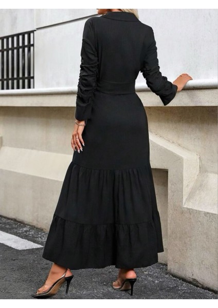 Munn Collection Kadın Uzun Kollu Eteği Fırfırlı Beli Kuşaklı Trikoton Tam Boy Gömlek Elbise indirimleri