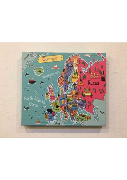 Kanvas Avrupa Haritası Renkli Illüstrasyonlu - Ev ve Ofis Dekorasyonu - 40X35 cm modelleri