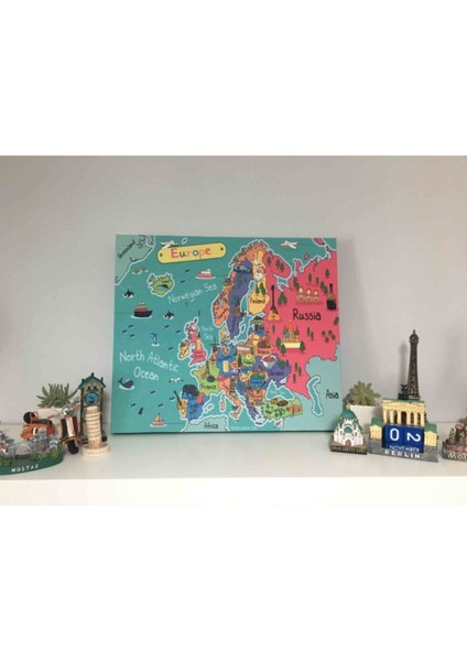 Kanvas Avrupa Haritası Renkli Illüstrasyonlu - Ev ve Ofis Dekorasyonu - 40X35 cm fırsatları