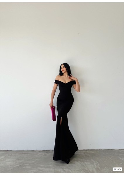 Munn Collection Kadın Dalgıç Kumaş Kayık Yaka ve Dekolte Detaylı Elbise