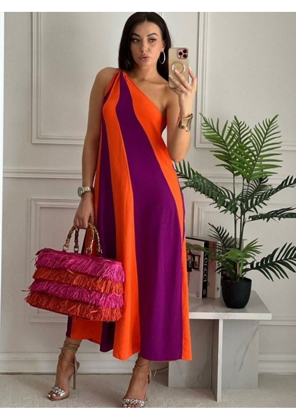 Munn Collection Kadın Aerobin Kumaş Parçalı Omuz Detay Maxi Boy Elbise
